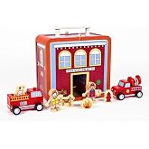 Jack Rabbit Creations Fire House Suitcase Playset - 15 Pieces - Ages 3+ | FSC Certified Wood, 8 in x 4.5 in x 5.5 in, 36 Months+, Red, Truck, Dog, Hydrant, Extinguisher, Ladder