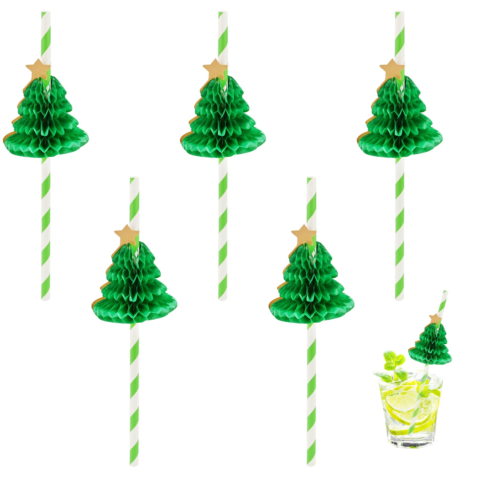 30 Pcs 3D Honeycomb Xmas Tree Paper Straws - Biodegradable Christmas Cocktail Straws for Party Decorations