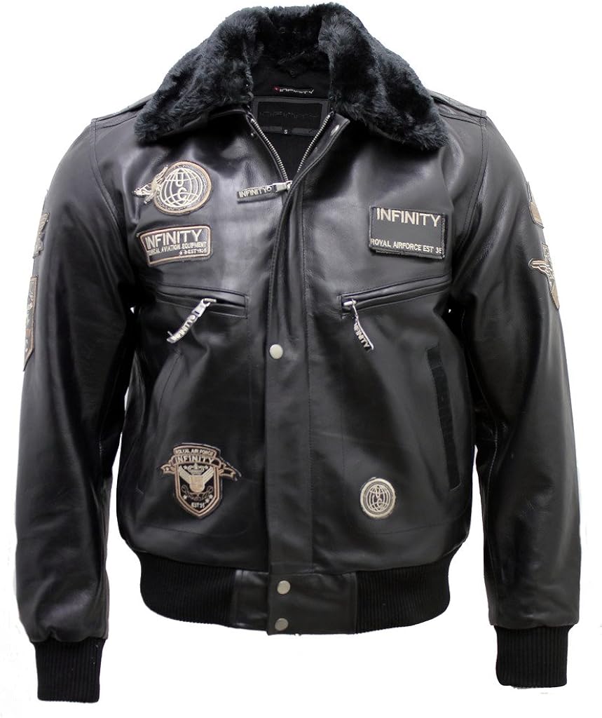 Infinity Men's Black Cow Hide Leather Flight Bomber Jacket with