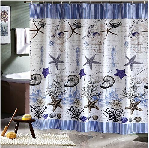 Pumud Stylish Elegant Polyester Bathroom Shower Curtain with Hooks, Conch and Shell Curtain for Kids, 71 Inches X 71 Inches (150x180cm/59"x71")