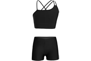 Hansber Kids Girls 2 Piece Gymnastic Outfits Asymmetrical Strappy Crop Top with Shorts Workout Yoga Active Set