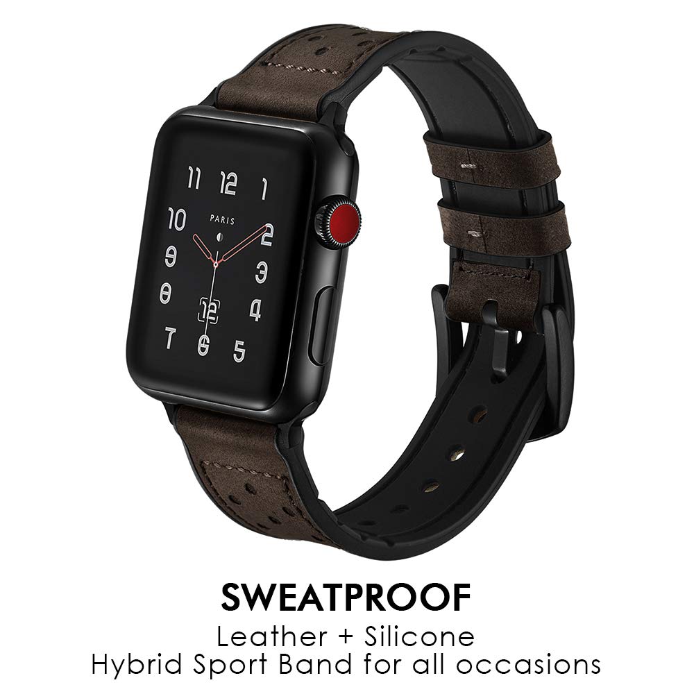 Hybrid Leather Sports Band Compatible with Apple Watch 42mm 44mm Luxury RUCHBA Comfort Practicality Sweatproof Silicone+Leather Replacement Straps Compatible with iwatch Space Black 4 1 2 3 Dark Brown
