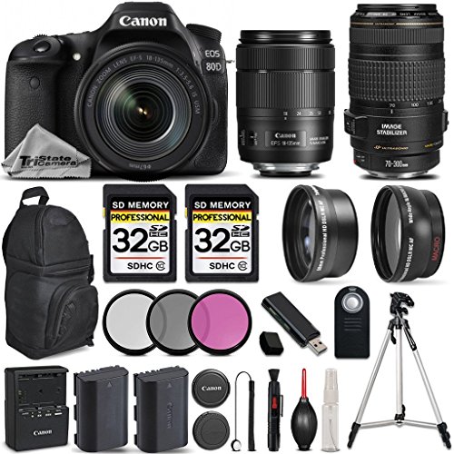 Canon EOS 80D Wi-Fi Full HD 1080P Digital SLR Camera + Canon 18-135mm IS USM Lens + Canon 70-300mm IS USM Lens + 64GB Storage All Original Accessories Included - International Version