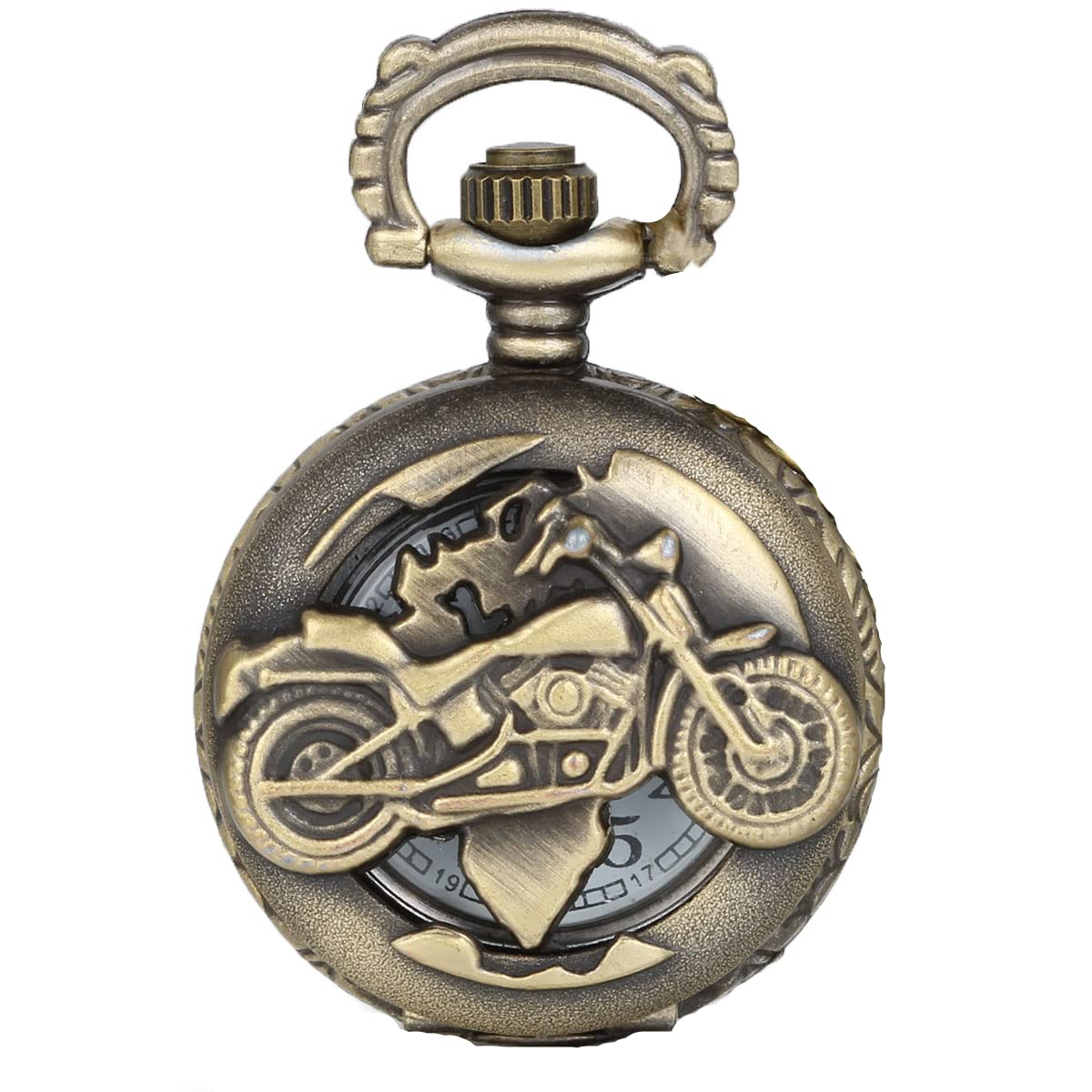 JewelryWe Motorcycle Pocket Watch with Chain Quartz Movement Arabic Numerals Half Hunter Vintage Design