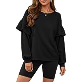 Fisoew Womens Crewneck Sweatshirts Fall Casual Ruffle Long Sleeve Roll Hem Loose Cropped Pullover Tops