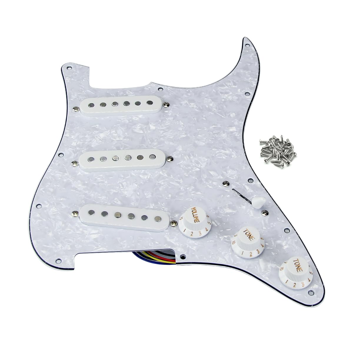 FLEOR Alnico V SSS 3-Ply Prewired Loaded Pickguard Scratchplate Backplate with Staggered Pickups Kit for ST Electric Guitars Replacement Parts White Pearl