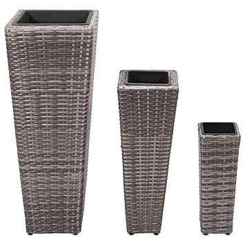 Festnight- 3er Set Pflanzkübel Grau Poly Rattan | Blumenkübe Pflanztopf groß & klein Pflanzenständer Pflanzenkübel Blumentopf