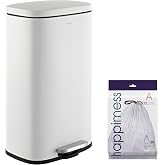 happimess Curtis 8 Gal Step Trash Can Soft Close 25", Cotton White | Stainless Steel, Fingerprint Resistant Satin Finish, Removable Liner, Steel Pedal, 20 Trash Bags Included, Kitchen Bin