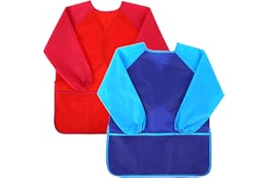 THINP 2 Pack Kids Art Aprons, Kids Art Smock with Long Sleeve and 3 Pockets Waterproof Artist Painting Aprons for Painting Cooking Eating Arts & Crafts Childs Paint Apron for Children Ages 3-8