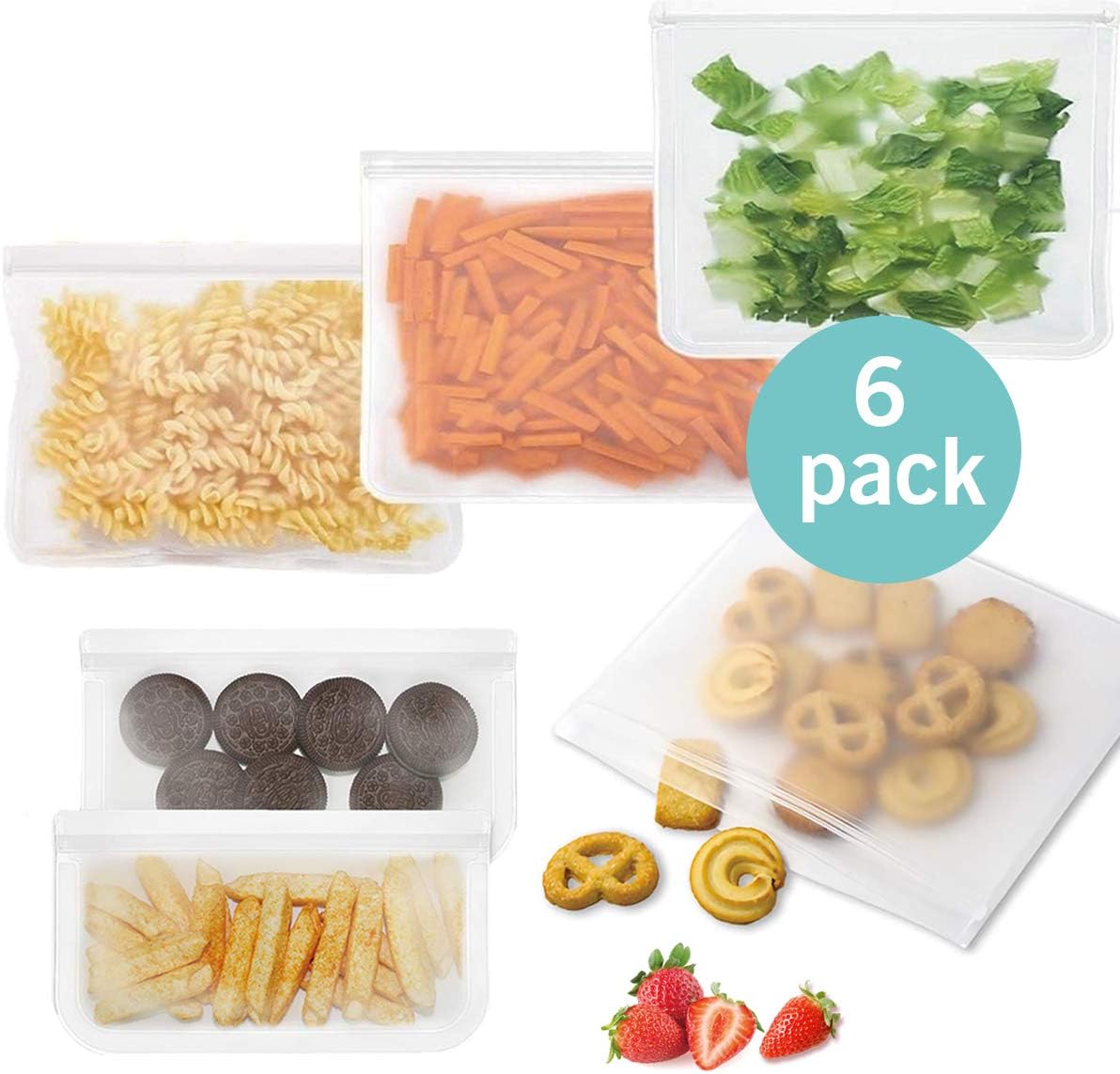 Reusable Storage Bags - 6 Pack Freezer Bags (4 Leakproof Reusable Sandwich Bags + 2 Reusable Kids Snack Bags) - Extra Thick Ziplock Lunch Bags for Food