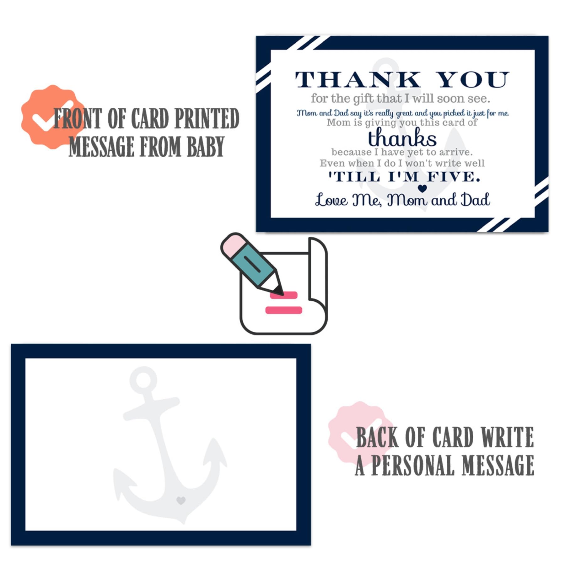 Nautical Baby Shower Thank You Cards with Envelopes (25 Pack) Preprinted Message from Baby Boys with Customizable Space for Handwritten Note from New Parents, 4x6 Double-Sided Card Navy Blue