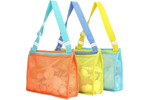 3PCS Beach Toy Mesh Bag Colorful Shell Collecting Bag,Adjustable Carrying Straps,Beach Sand Toy Totes Swimming Accessories St