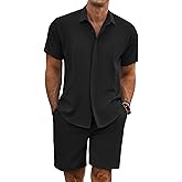 COOFANDY Men's Summer Beach Outfits 2 Piece Short Sleeve Shirts and Shorts Vacation Texture Linen Sets for Men