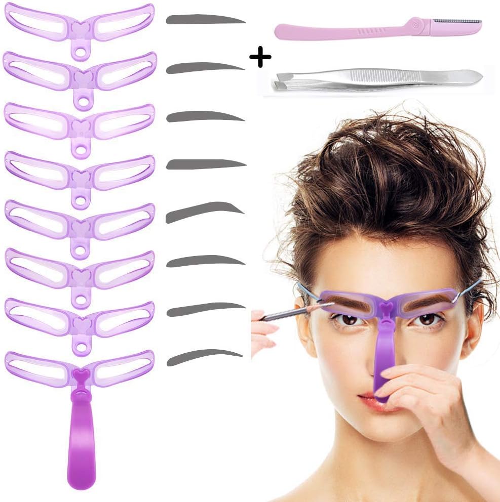 Eyebrow Stencil 8 Styles Eyebrow Template๏ผEncci DIY Grooming Eyebrow Shaping Kit๏ผWashable Reusable Eyebrow Shaping Template with Handle and Strap๏ผwith Stainless Steel Tweezers and Eyebrow Razor Kit