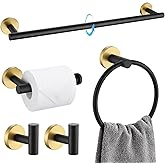 TQKAG Black and Gold Bathroom Accessory Set 5 Pieces, Round Stainless Steel Bath Towel Bar Set 23.6 Inch Towel Racks for Bathroom Wall Mounted