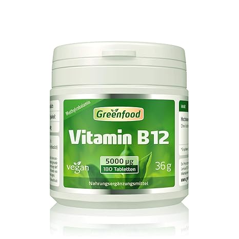 Vitamin B12 (Methylcobalamin), 5000 µg, extra hochdosiert, 180 Tabletten, vegan – für mehr Energie. Wichtig für das Nervensys