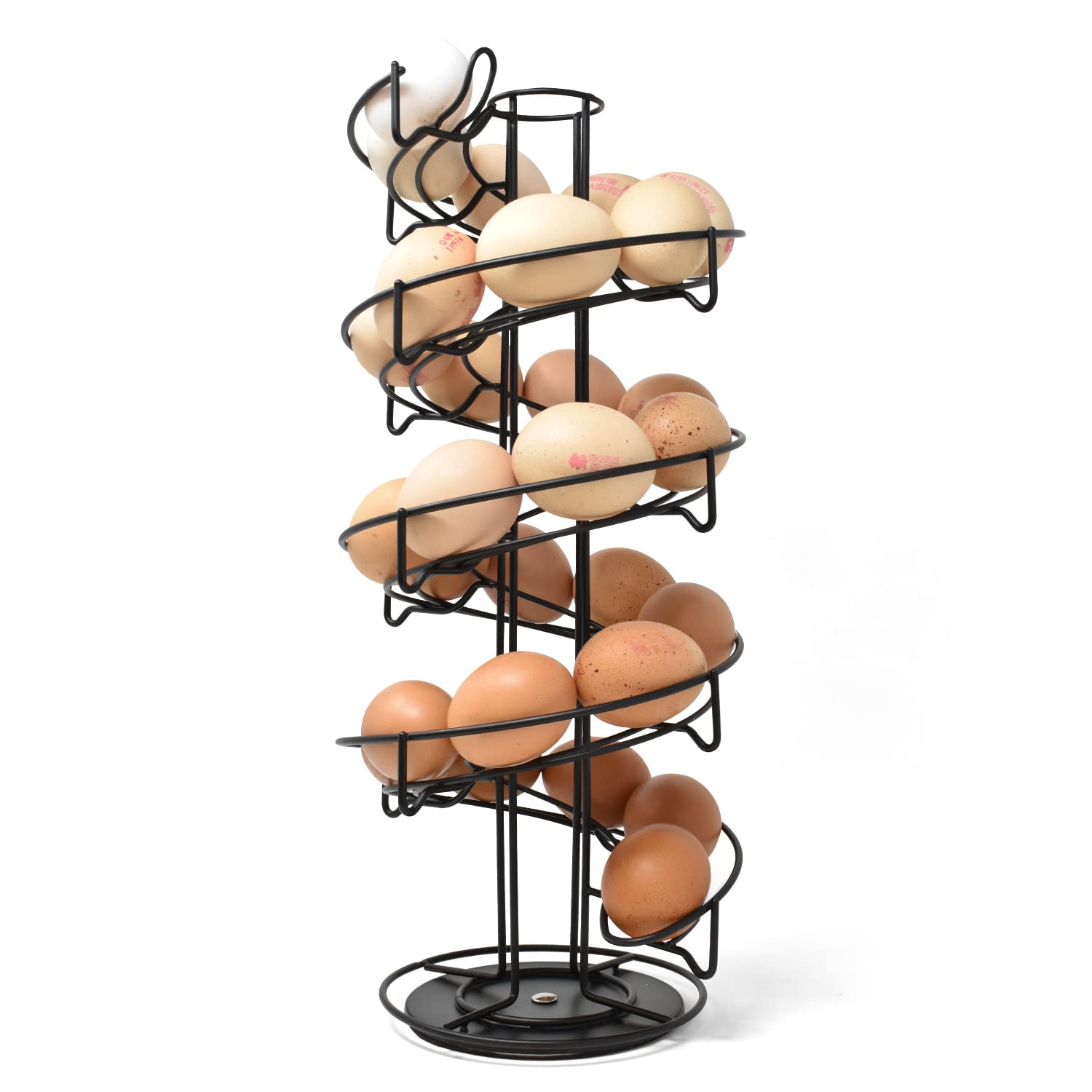 Joeji's Kitchen Rotating Egg Holder Storage Rack with Non-Slip Base - Spiral Space Saving Egg Skelter Basket - Holds nearly 3 Dozen Eggs - Black