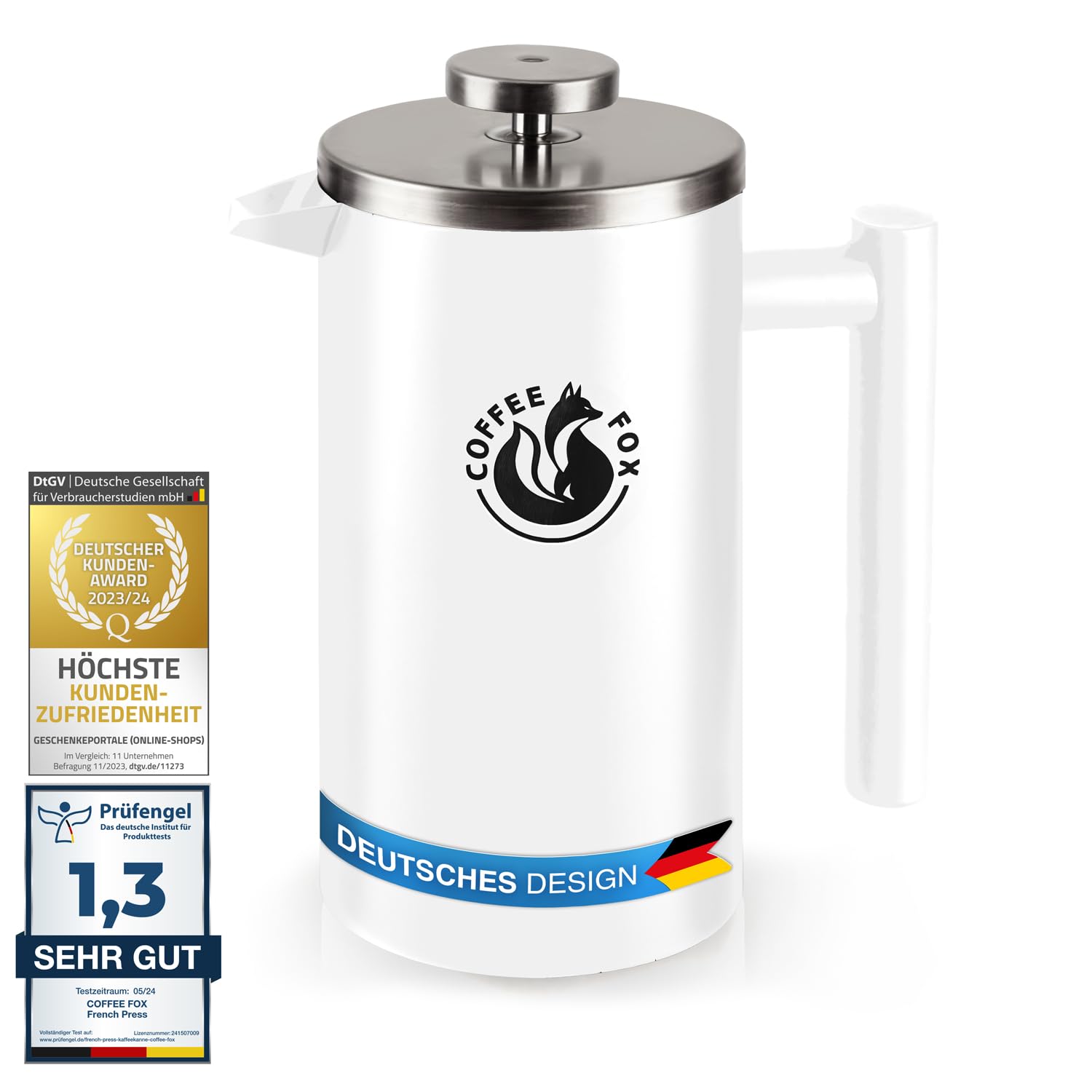 Coffee Fox French Press Double-walled stainless steel coffee pot Black filter jug French coffee press (White 1000 ml)
