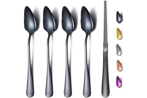 HOMQUEN 4 Piece Grapefruit Spoons and 1 Grapefruit Knife, Stainless Steel Grapefruit Utensil Set, Serrated Edges Spoon (Black
