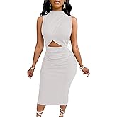 Women's 2025 Summer Dress Elegant Mock Neck Sleeveless Cocktail Party Midi Dresses