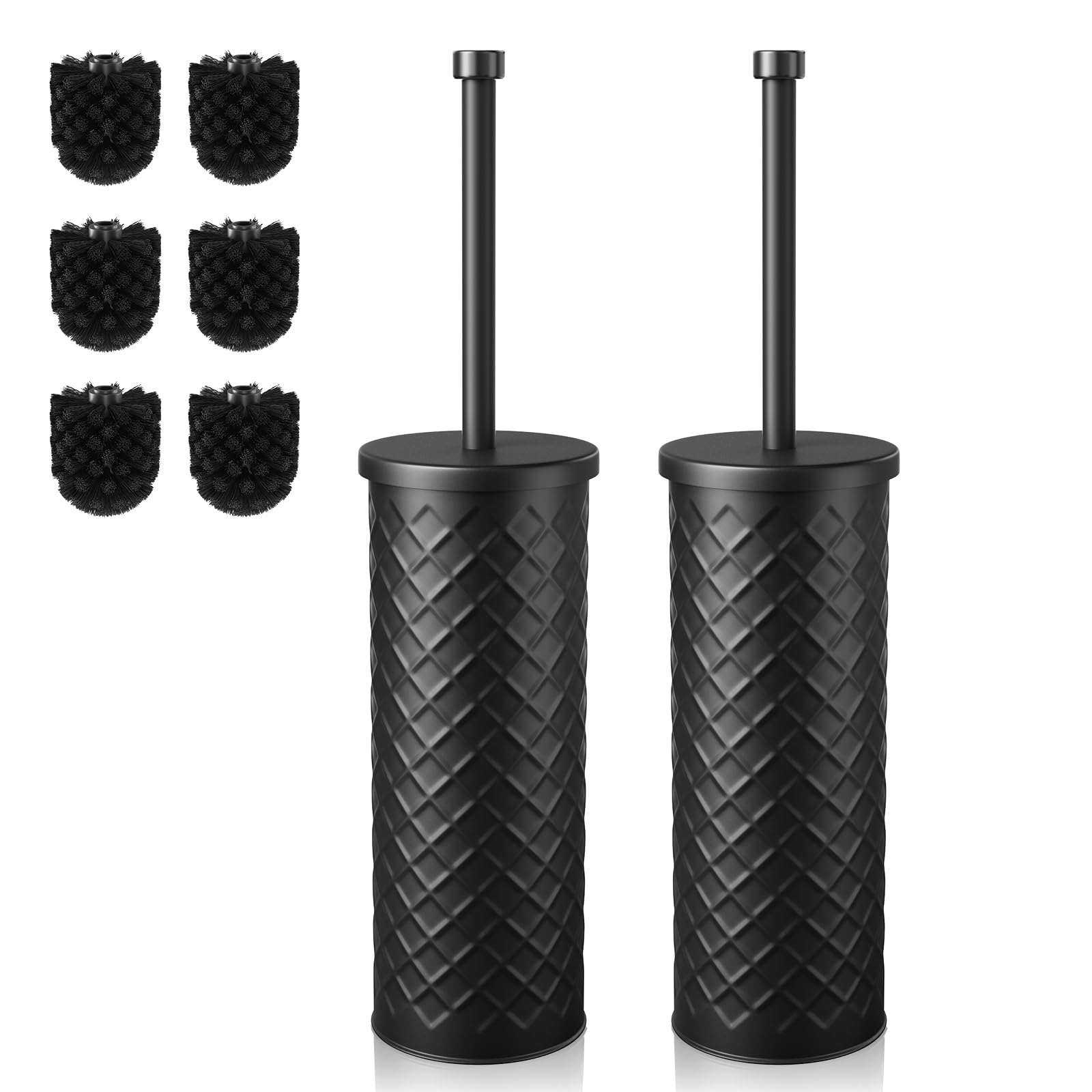 Toilet Bowl Brush and Holder Set 2 Pack with 4 Extra Brush Heads | Extra Long Handle with Splash Guard Cover, Tool-Free Installation, Bathroom Space-Saving, Cleaner Sets for Apartments, RV (Black)