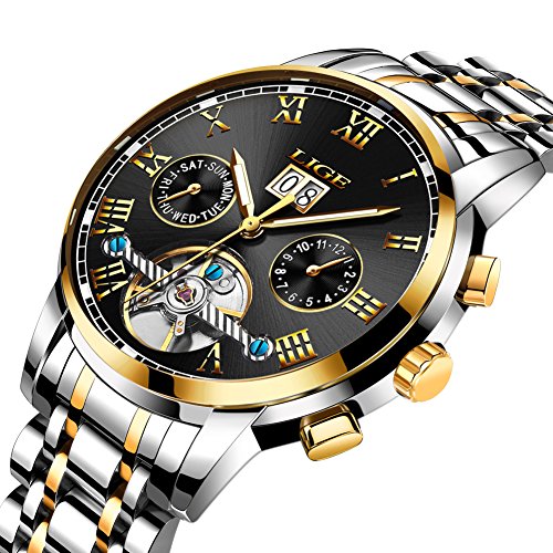 Mens Automatic Mechanical Wrist Watches Stainless Steel Dress Watch Fashion Business Casual Waterproof Clock Gold