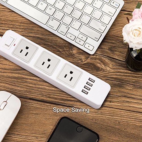 image for USB Surge Protector-JACKYLED Space Saving 4-USB 3-Outlet 9.8ft Long Co