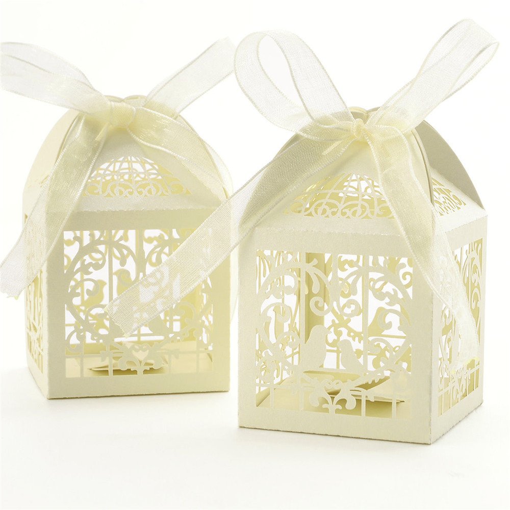 Benbilry 50Pcs Wedding Party Favour Boxes,Benbilry Sweet Candy Boxes with 50 Ribbons (Beige)