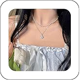 Andelaisi Boho Layered Pearl Necklace Vintage Pearl Chain Necklace White Beaded Pendant Necklace Gold Pearl Bead Choker Necklace Jewelry for Women and Girls