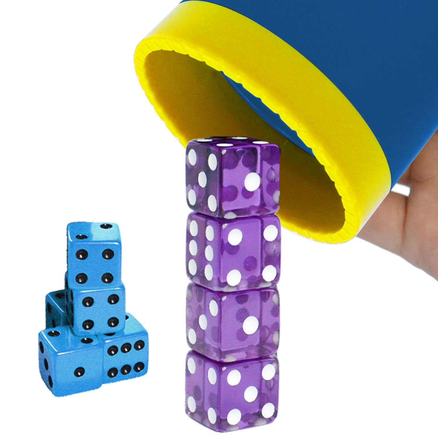 Dice Cup(Blue) Set with 4 Pcs 19mm(Puple) and 5 Pcs 18mm(Blue) Standard 6 Sided Dices, with Storage Bag