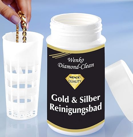 WENKO 3085610500 Diamond Clean Gold- & Silber Reinigungsbad - 2-teilig, Schmuckreiniger & Tauchsieb, Chemie, 7 x 14 x 7 cm, M