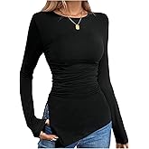 winkbay Women's Ruched Split Hem Tops Dressy Casual Crew Neck Long Sleeve Fitted Fall Work T Shirts