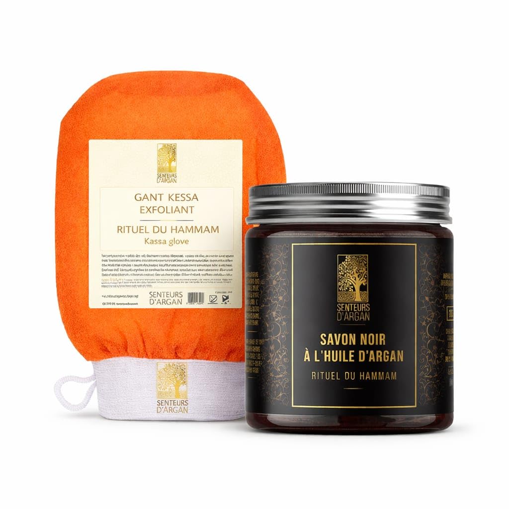 Kessa Exfoliating Body Scrub Glove + Eucalyptus Black Soap – Moroccan Kessa Glove for Hammam Sauna, Removes Dead Skin and Purifies Skin