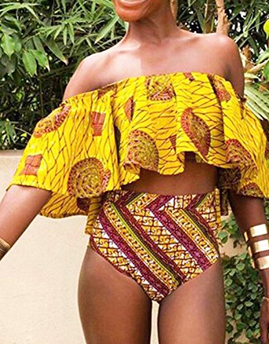 PiePieBuy Women's A-Line Ruffle Off the Shoulder Sexy Swimsuit Swimwear Bikini Bathing Suit (L, Yellow)