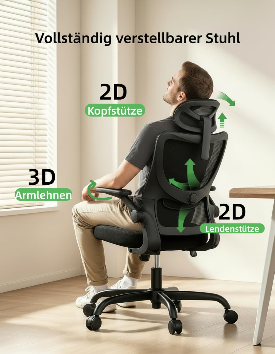 Marsail Bürostuhl Ergonomisch Schreibtischstuhl hat Verstellbarer Lordosenstütze Kopfstütze und Armlehne Höhenverstellung und Wippfunktion, Schwarz 2