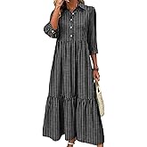 XNC Women's Blue and White Striped Shirt Maxi Dress 2026 Spring Fashion Collared Boho Breezy Print 3/4 Sleeve Long Dresses
