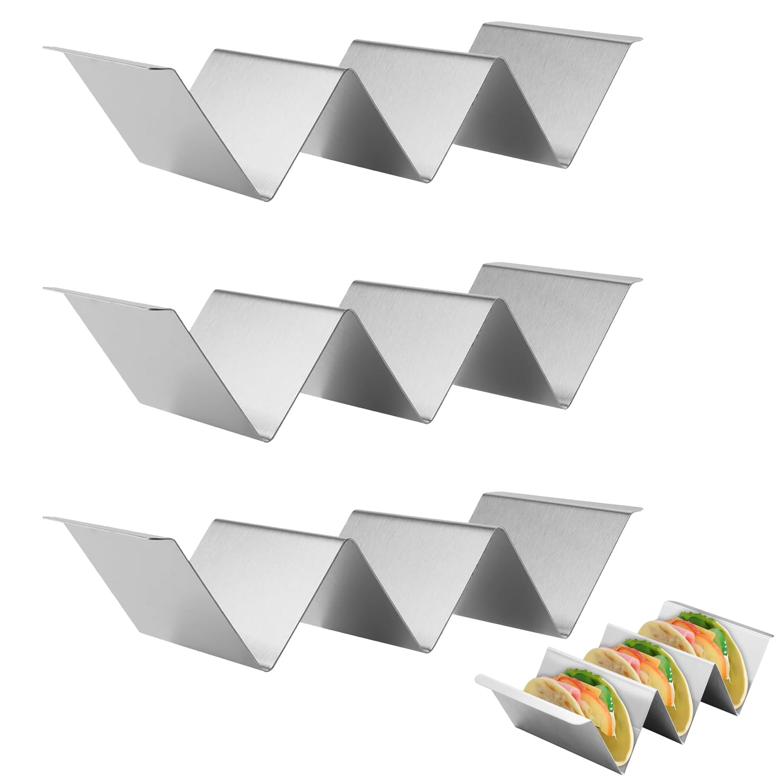 SXCCNW 3 Pack Taco Holder, Stainless Steel Taco Stand, Tortilla Holder Taco Tray Holds Up to 3 Tacos Suitable for Home and Restaurant Easy to Clean Silver