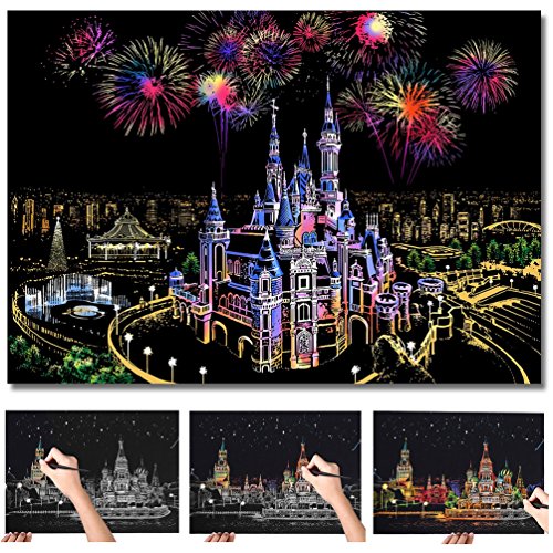 Scratch Art Paper DIY Night View Scratchboard Wooden Stylus for Adult and Kids, Size 11.2''x16'' (Castle)