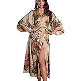 Flwydran Women's Silky Satin Kimono Robe,Long Floral Print Bathrobe, Bridesmaid Wedding Sleepwear