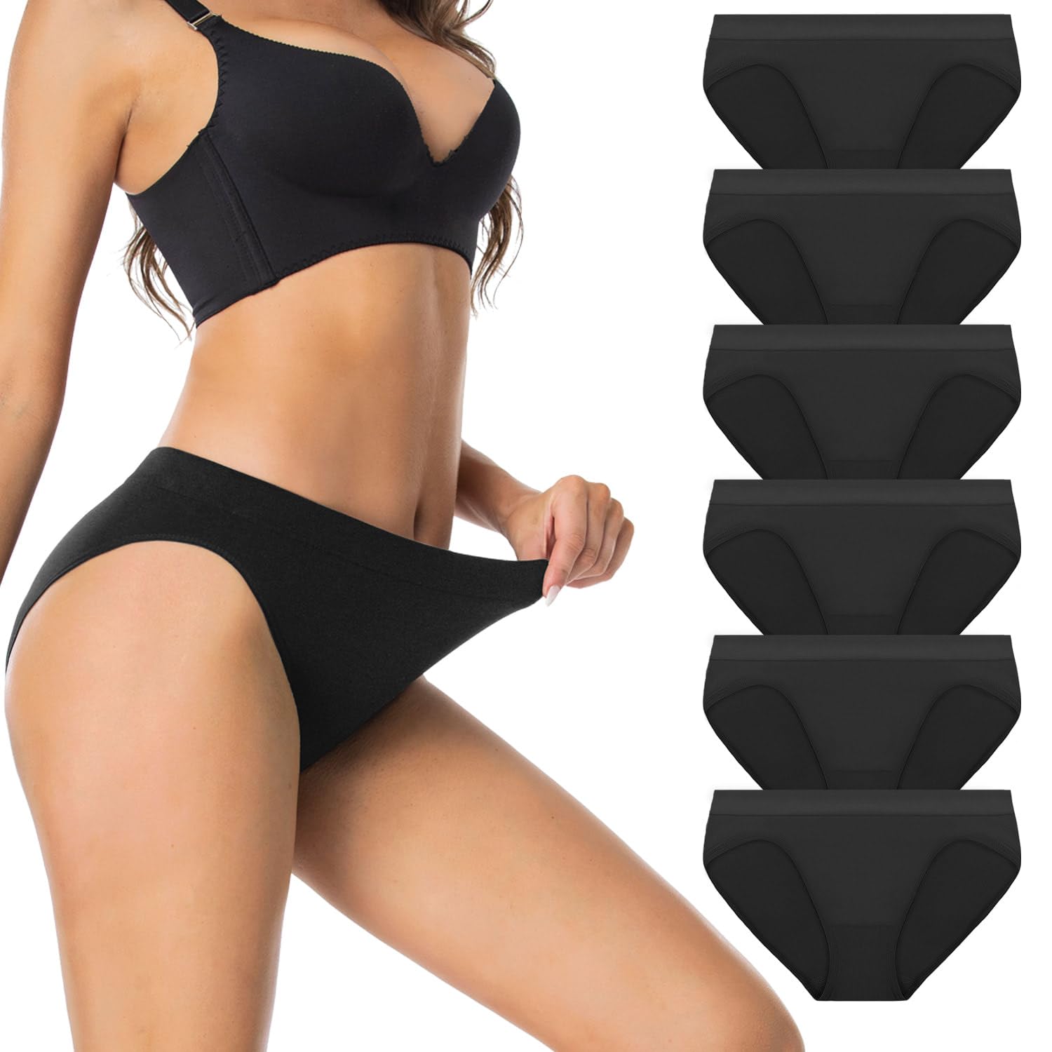 Photo 1 of Sudally Womens High Cut Briefs Underwear Pack 6, Full Coverage Seamless Stretch Comfort Waistband Hi-Cut Panties for Ladies Black