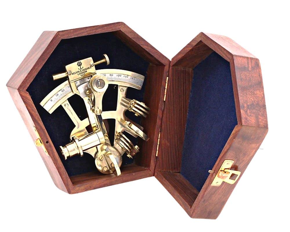 Pocket Sextant Kelvin Hughes London Nautical Brass, Navy Sailors Brass Sextant, Celestial Navigation, Determine Latitude & Longitude, with Rose Wooden Box, Galactic Gifting
