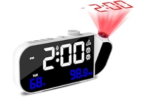 MONSOCIO Projection Alarm Clock, Digital Clock with 180° Rotatable Projector and infinitely brightness dimmer and voice – activated function for bedroom , Dual Alarms, FM radio ,USB Charging Port, Snooze