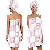 EENSYWEENSY Horror Spooky Face Microfiber Bath Wrap Set with Hair Towel, Checkered Design, 31.5x59 inches (Pink White)