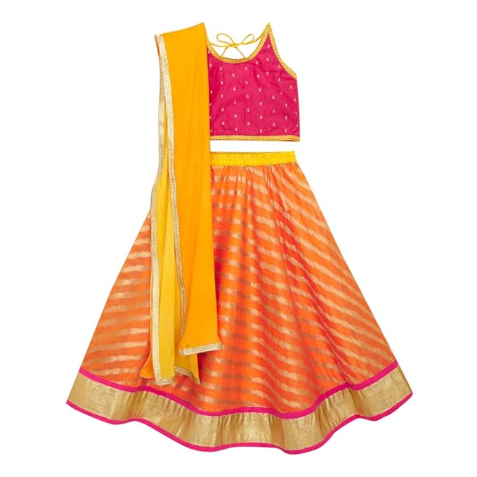 Kids Chakra By Hopscotch Girls Cotton Sleeveless All Over Printed Lehengas And Blouses Set With Dupatta in Orange Color