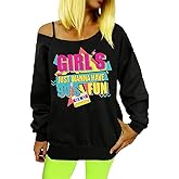 Fussinatioanry 80s 90s Outfit Women Vintage Party 90s Disco Shirt Off The Shoulder Sweatshirt Retro Neon I Love The 80's Tops