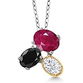 925 Silver and 10K Yellow Gold Red Ruby Black Sapphire and White Moissanite Pendant Necklace For Women (3.20 Cttw, Oval 8X6MM, 7X5MM and 6X4MM, Gemstone July Birthstone, with 18 Inch Chain)