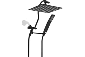 Hibbent All Metal Shower Head, 10'' High Pressure Rainfall Shower Head, Showerhead Combo/Handheld Shower Wand, 12'' Adjustable Curved Shower Extension Arm, 71'' Hose, 2 Shower Holders, Matte Black