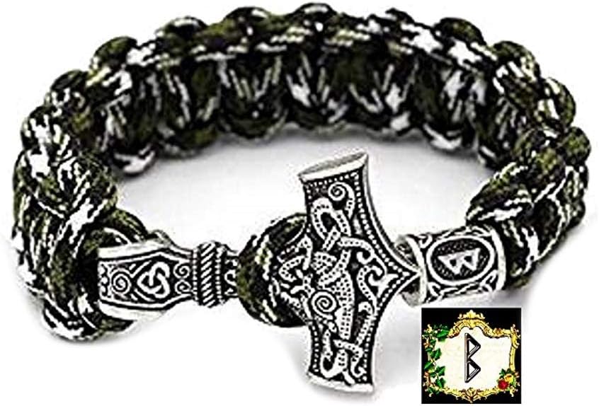 Berkano Rune Military Paracord Bracelet Colourful Green Camouflage Outdoor Viking Thor Hammer Antique Silver 100% Handmade 25 cm Circumference No. 16