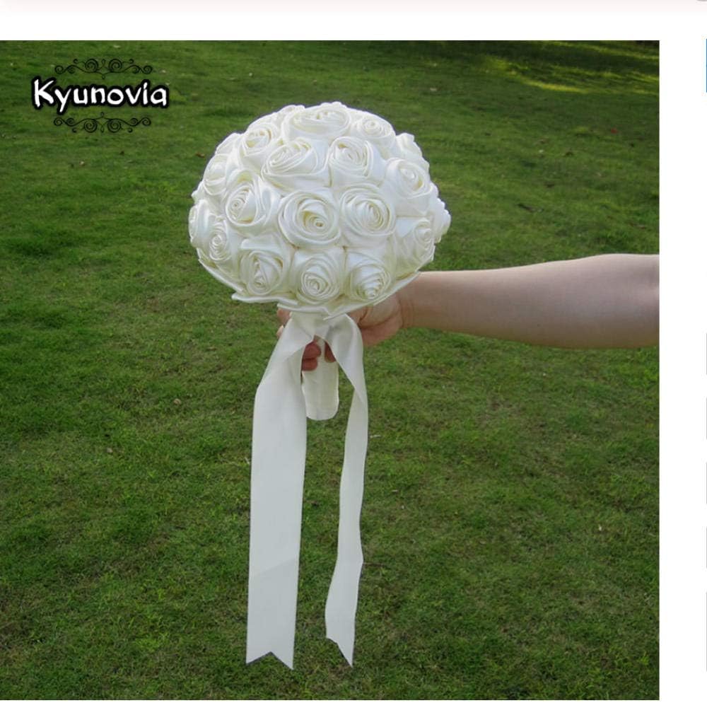 TTZSE Handmade Satin Roses Bouquet Custom Ribbon Pink Wedding Flowers Plain Ivory Bridal Bouquets Artificial Flowers