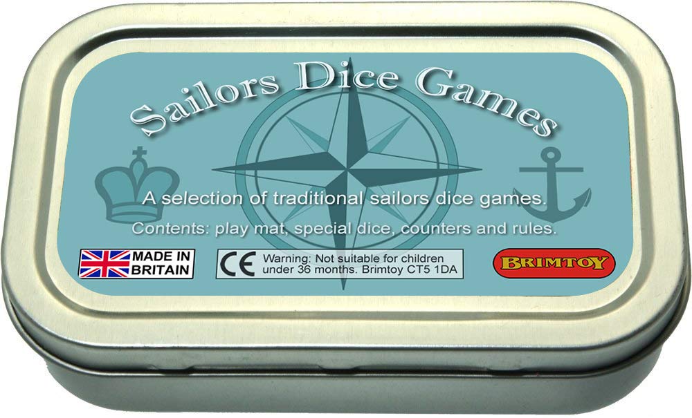 Brimtoy Pocket Sailor's Dice Games in a handy size tin for convenient storage and travel - supplied with dice, counters, mat and instructions - Adult/Teen dice game